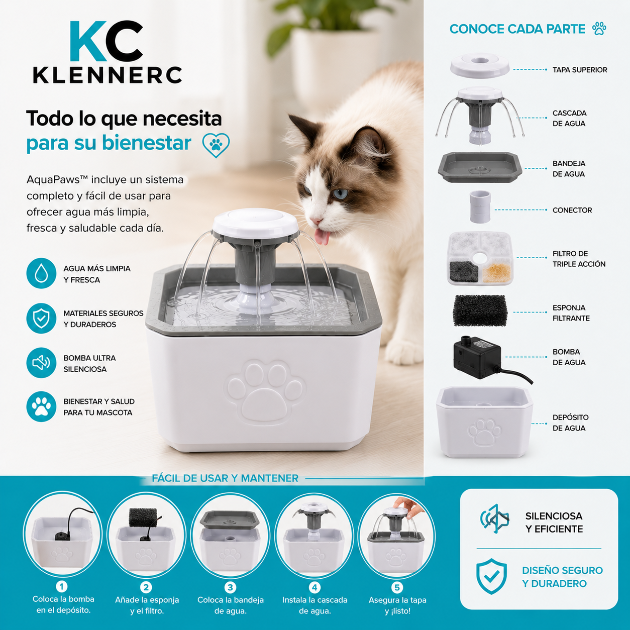 AquaPaws™ Fuente de Agua Electrica Cuadrada